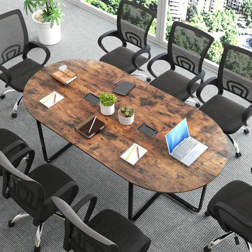 95 Inches Oval Conference Industrial Executive Table with Dual Cable Holes-Rustic Brown - Rustic Brown - Standing Desks