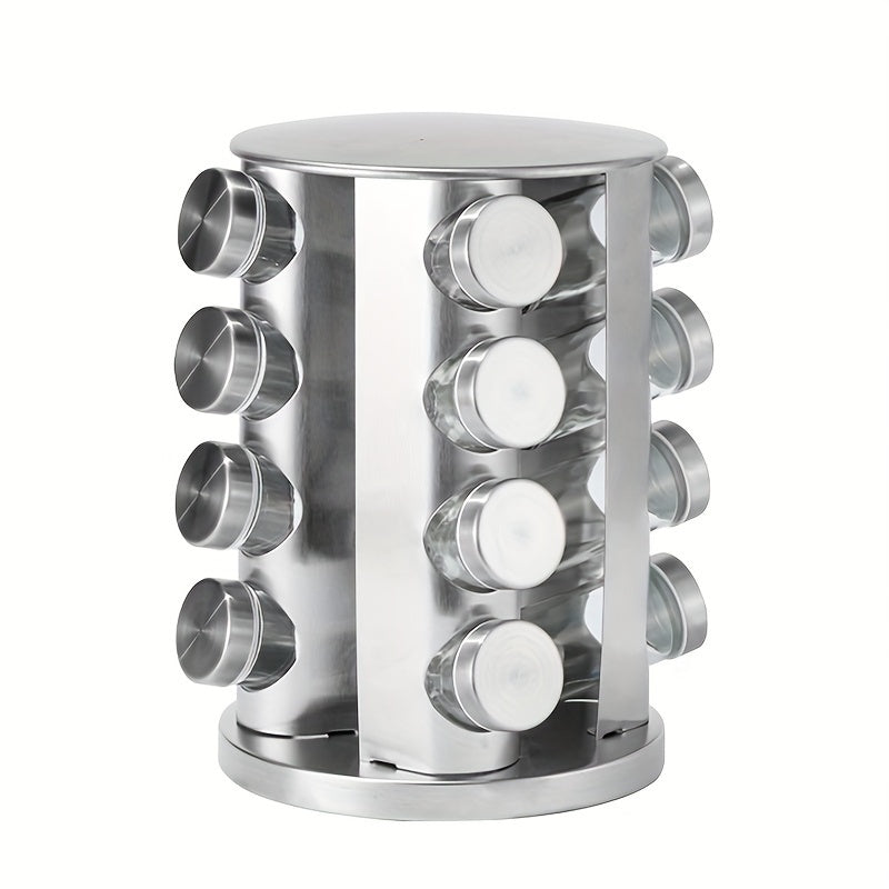 Metallic cylindrical container with multiple compartments on a white background