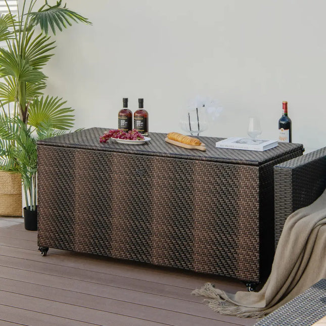 96 Gallon PE Wicker Outdoor Storage Box with 4 Wheels-Brown - Brown - Sheds & Outdoor Storage