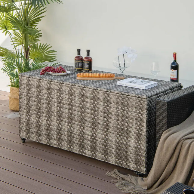 96 Gallon PE Wicker Outdoor Storage Box with 4 Wheels-Gray - Gray - Sheds & Outdoor Storage