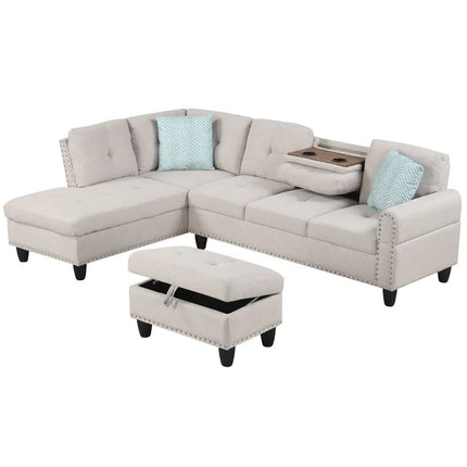 98 Inches Sectional Sofa Couch with Movable Storage Ottoman and Linen Fabric Backs-LR - Beige - Sofas & Loveseats