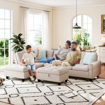 98 Inches Sectional Sofa Couch with Movable Storage Ottoman and Linen Fabric Backs-LR - Beige - Sofas & Loveseats