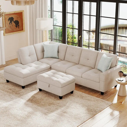 98 Inches Sectional Sofa Couch with Movable Storage Ottoman and Linen Fabric Backs-LR - Beige - Sofas & Loveseats