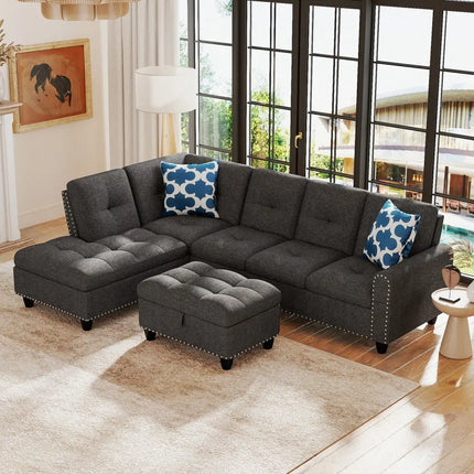 98 Inches Sectional Sofa Couch with Movable Storage Ottoman and Linen Fabric Backs-DG - Dark Gray - Sofas & Loveseats