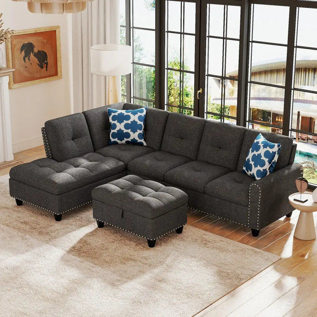 98 Inches Sectional Sofa Couch with Movable Storage Ottoman and Linen Fabric Backs-DG - Dark Gray - Sofas & Loveseats