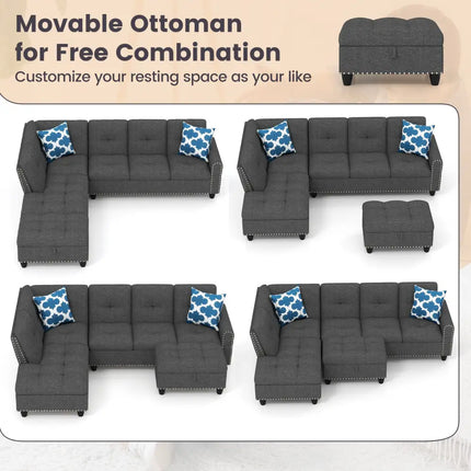 98 Inches Sectional Sofa Couch with Movable Storage Ottoman and Linen Fabric Backs-DG - Dark Gray - Sofas & Loveseats