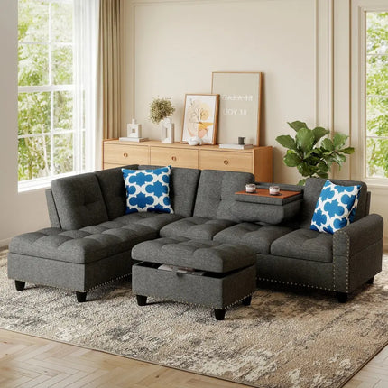 98 Inches Sectional Sofa Couch with Movable Storage Ottoman and Linen Fabric Backs-DG - Dark Gray - Sofas & Loveseats