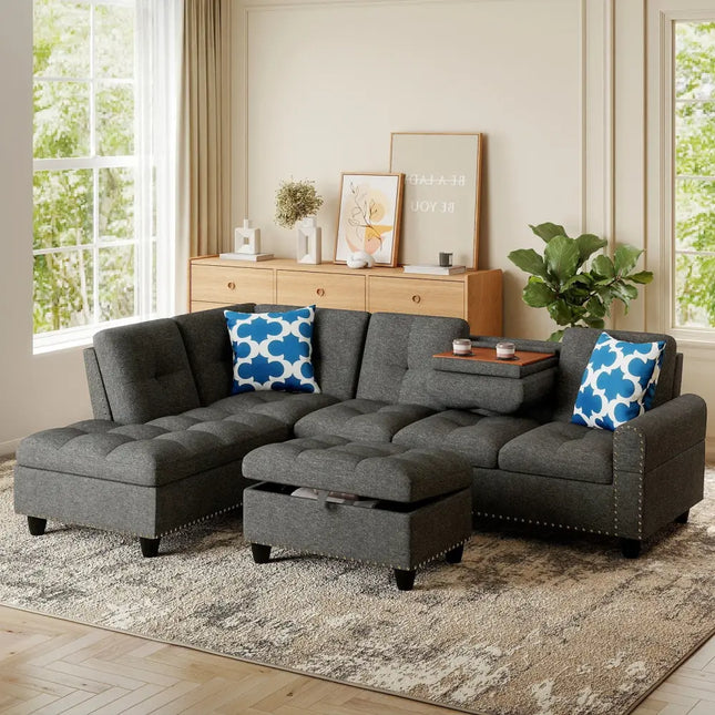 98 Inches Sectional Sofa Couch with Movable Storage Ottoman and Linen Fabric Backs-DG - Dark Gray - Sofas & Loveseats