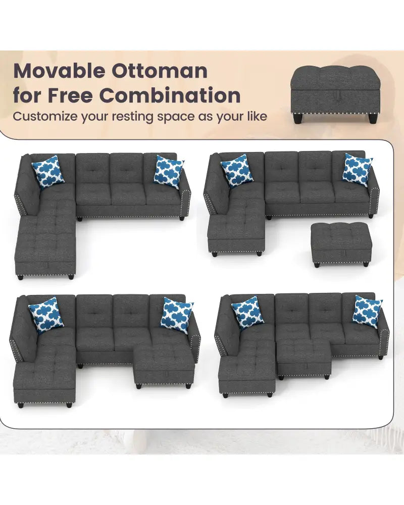 98 Inches Sectional Sofa Couch with Movable Storage Ottoman and Linen Fabric Backs-DG - Dark Gray - Sofas & Loveseats