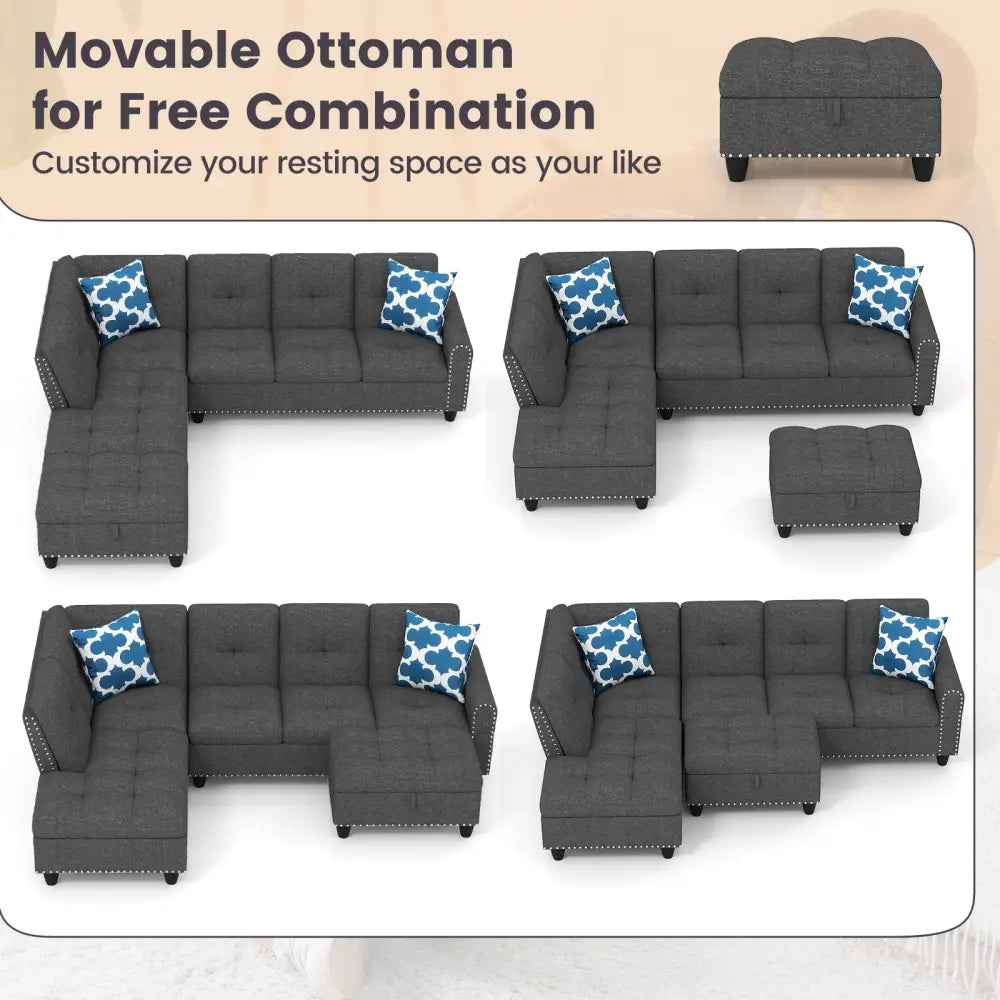 98 Inches Sectional Sofa Couch with Movable Storage Ottoman and Linen Fabric Backs-DG - Dark Gray - Sofas & Loveseats