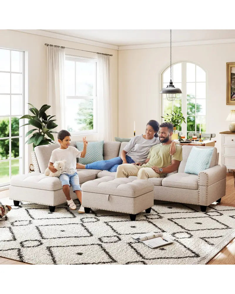 98 Inches Sectional Sofa Couch with Movable Storage Ottoman and Linen Fabric Backs-LR - Beige - Sofas & Loveseats