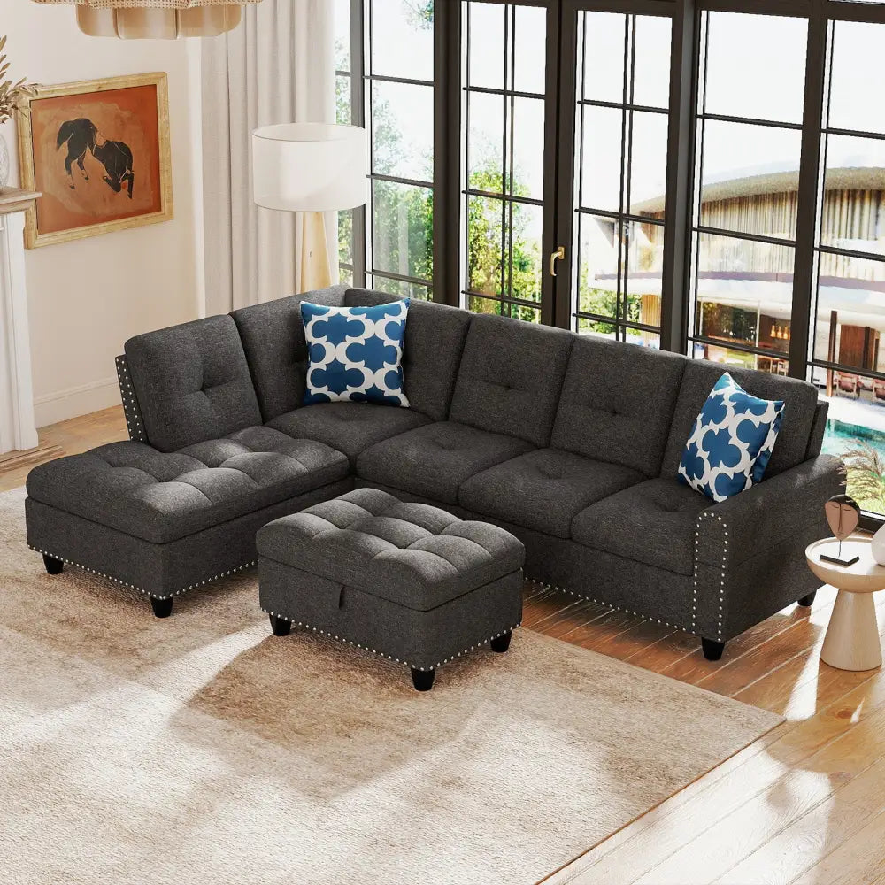 98 Inches Sectional Sofa Couch with Movable Storage Ottoman and Linen Fabric Backs-DG - Dark Gray - Sofas & Loveseats