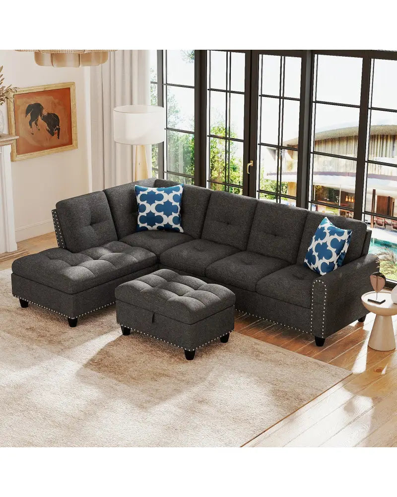 98 Inches Sectional Sofa Couch with Movable Storage Ottoman and Linen Fabric Backs-DG - Dark Gray - Sofas & Loveseats