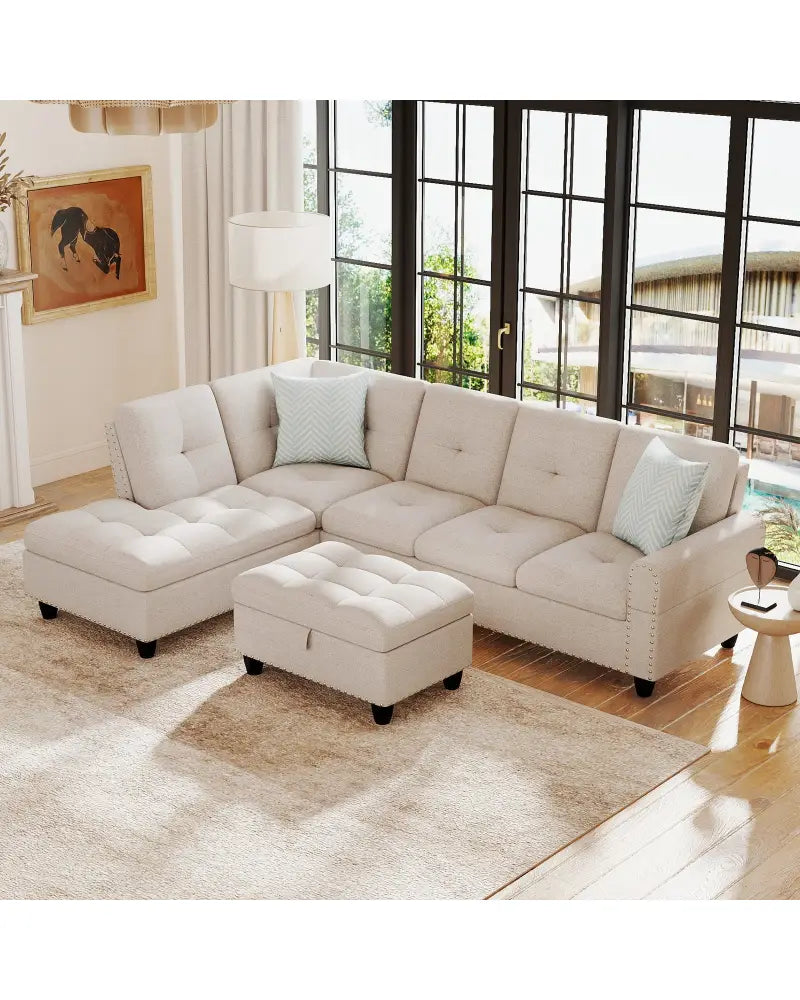98 Inches Sectional Sofa Couch with Movable Storage Ottoman and Linen Fabric Backs-LR - Beige - Sofas & Loveseats