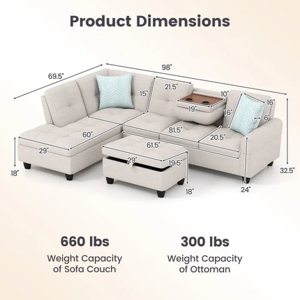 98 Inches Sectional Sofa Couch with Movable Storage Ottoman and Linen Fabric Backs-LR - Beige - Sofas & Loveseats