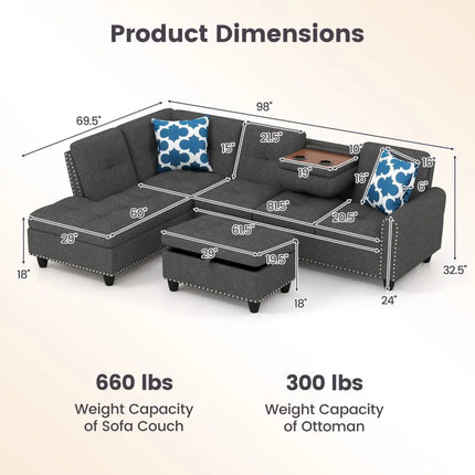 98 Inches Sectional Sofa Couch with Movable Storage Ottoman and Linen Fabric Backs-DG - Dark Gray - Sofas & Loveseats