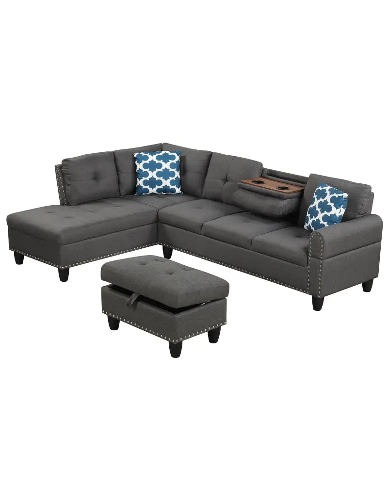 98 Inches Sectional Sofa Couch with Movable Storage Ottoman and Linen Fabric Backs-DG - Dark Gray - Sofas & Loveseats