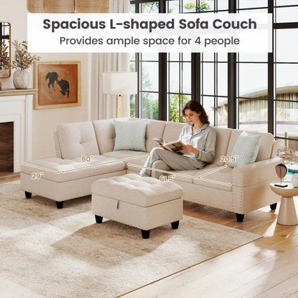 98 Inches Sectional Sofa Couch with Movable Storage Ottoman and Linen Fabric Backs-LR - Beige - Sofas & Loveseats