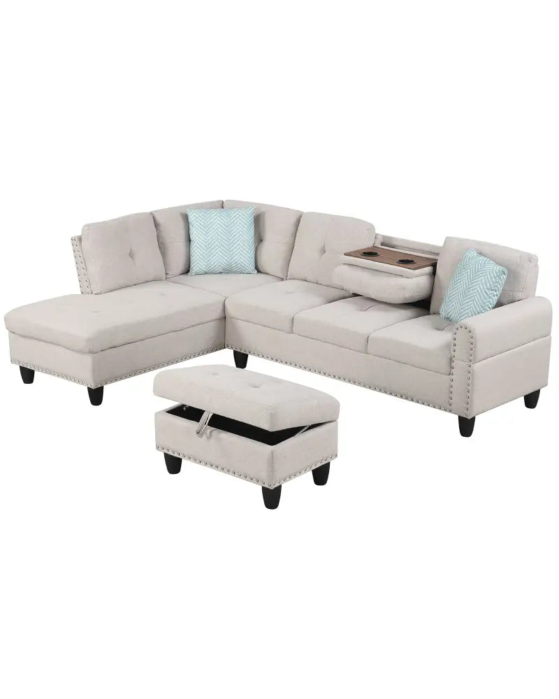 98 Inches Sectional Sofa Couch with Movable Storage Ottoman and Linen Fabric Backs-LR - Beige - Sofas & Loveseats