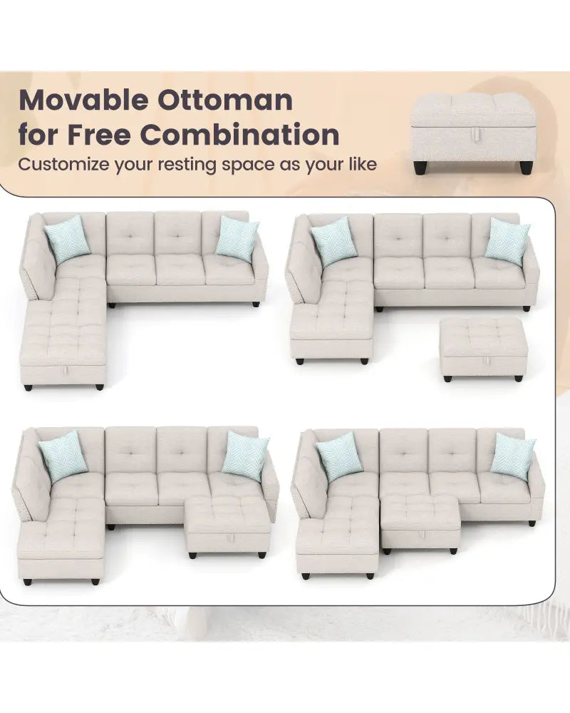 98 Inches Sectional Sofa Couch with Movable Storage Ottoman and Linen Fabric Backs-LR - Beige - Sofas & Loveseats