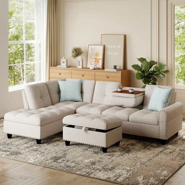 98 Inches Sectional Sofa Couch with Movable Storage Ottoman and Linen Fabric Backs-LR - Beige - Sofas & Loveseats