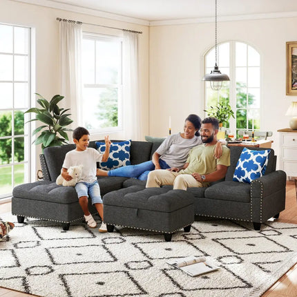 98 Inches Sectional Sofa Couch with Movable Storage Ottoman and Linen Fabric Backs-DG - Dark Gray - Sofas & Loveseats