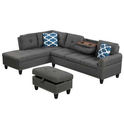 98 Inches Sectional Sofa Couch with Movable Storage Ottoman and Linen Fabric Backs-DG - Dark Gray - Sofas & Loveseats