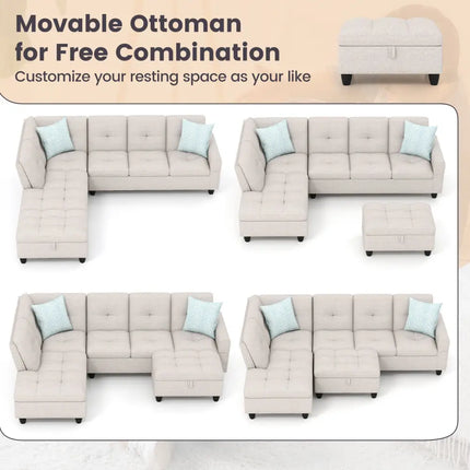 98 Inches Sectional Sofa Couch with Movable Storage Ottoman and Linen Fabric Backs-LR - Beige - Sofas & Loveseats