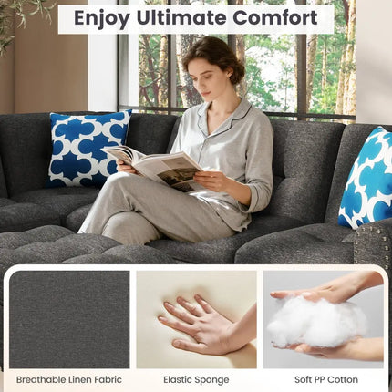 98 Inches Sectional Sofa Couch with Movable Storage Ottoman and Linen Fabric Backs-DG - Dark Gray - Sofas & Loveseats