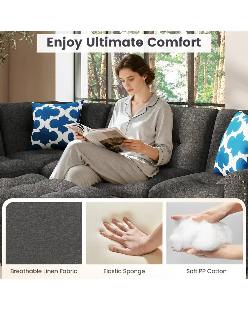 98 Inches Sectional Sofa Couch with Movable Storage Ottoman and Linen Fabric Backs-DG - Dark Gray - Sofas & Loveseats