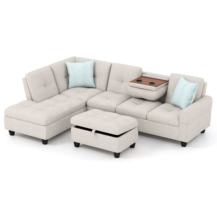 98 Inches Sectional Sofa Couch with Movable Storage Ottoman and Linen Fabric Backs-LR - Beige - Sofas & Loveseats