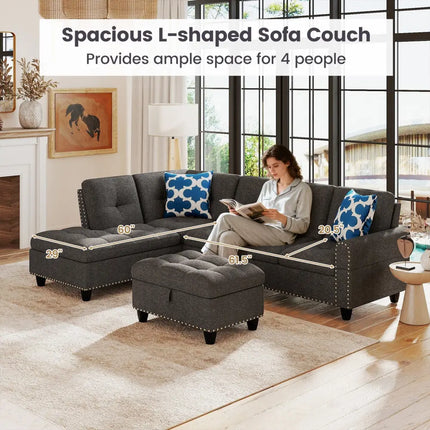 98 Inches Sectional Sofa Couch with Movable Storage Ottoman and Linen Fabric Backs-DG - Dark Gray - Sofas & Loveseats