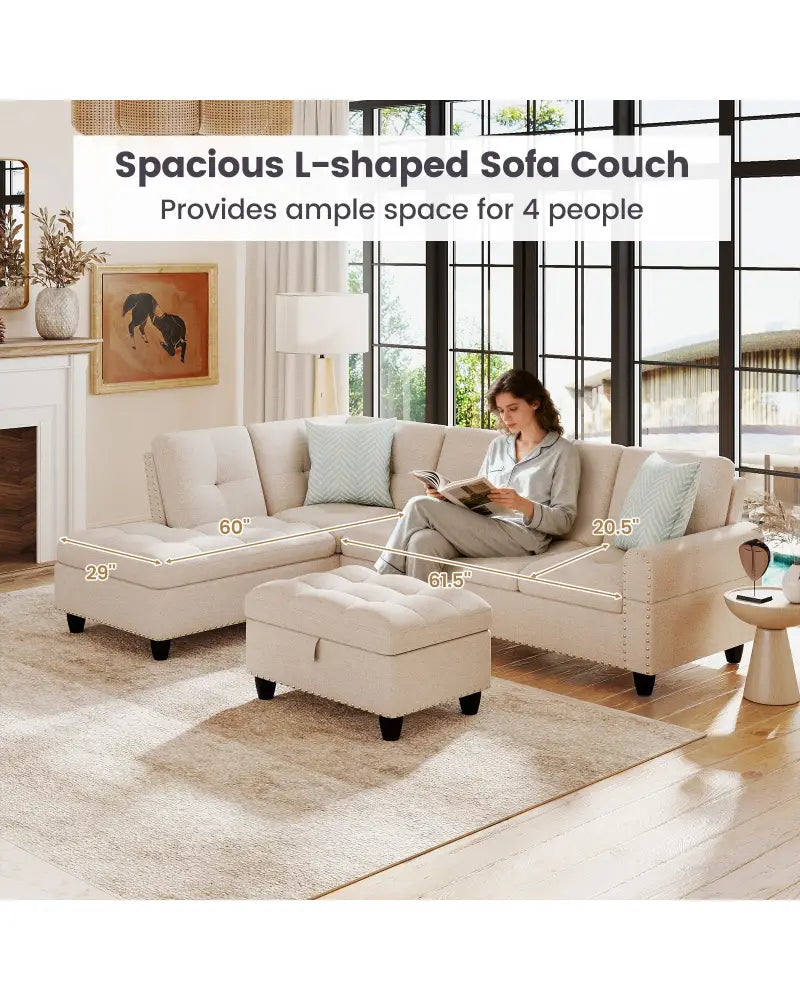 98 Inches Sectional Sofa Couch with Movable Storage Ottoman and Linen Fabric Backs-LR - Beige - Sofas & Loveseats