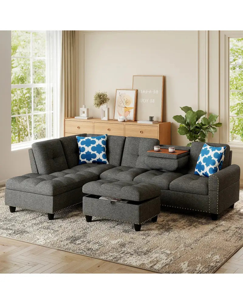 98 Inches Sectional Sofa Couch with Movable Storage Ottoman and Linen Fabric Backs-DG - Dark Gray - Sofas & Loveseats
