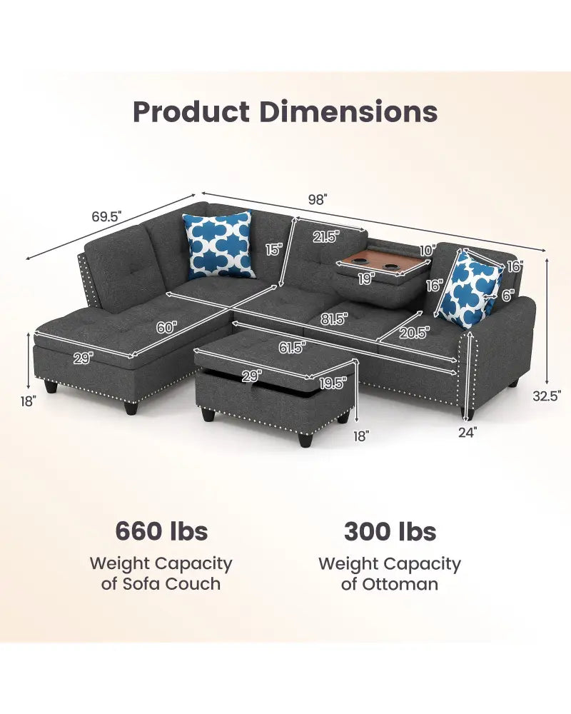 98 Inches Sectional Sofa Couch with Movable Storage Ottoman and Linen Fabric Backs-DG - Dark Gray - Sofas & Loveseats