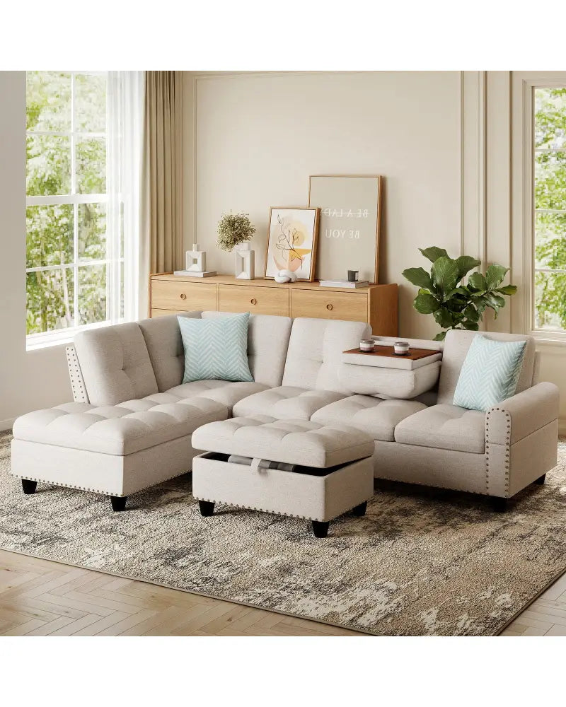 98 Inches Sectional Sofa Couch with Movable Storage Ottoman and Linen Fabric Backs-LR - Beige - Sofas & Loveseats