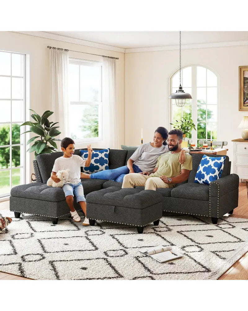 98 Inches Sectional Sofa Couch with Movable Storage Ottoman and Linen Fabric Backs-DG - Dark Gray - Sofas & Loveseats