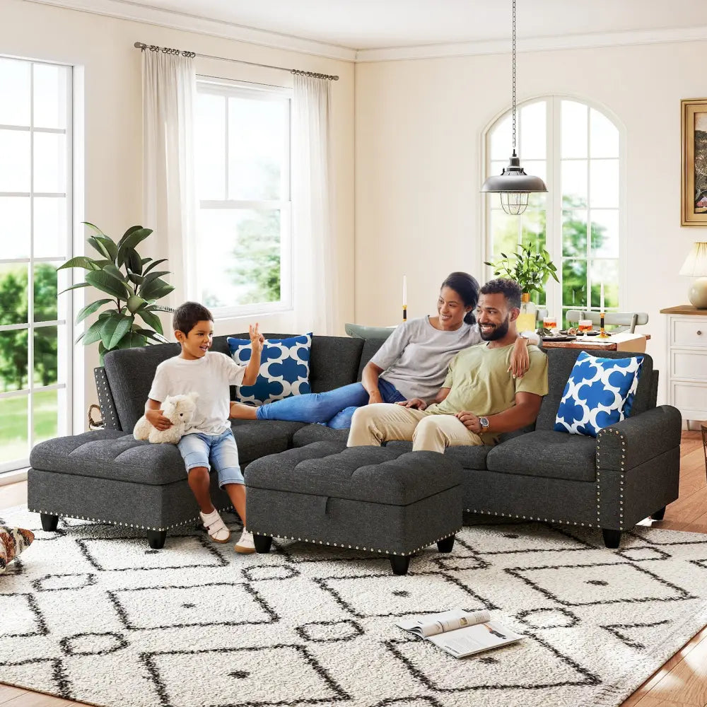 98 Inches Sectional Sofa Couch with Movable Storage Ottoman and Linen Fabric Backs-DG - Dark Gray - Sofas & Loveseats