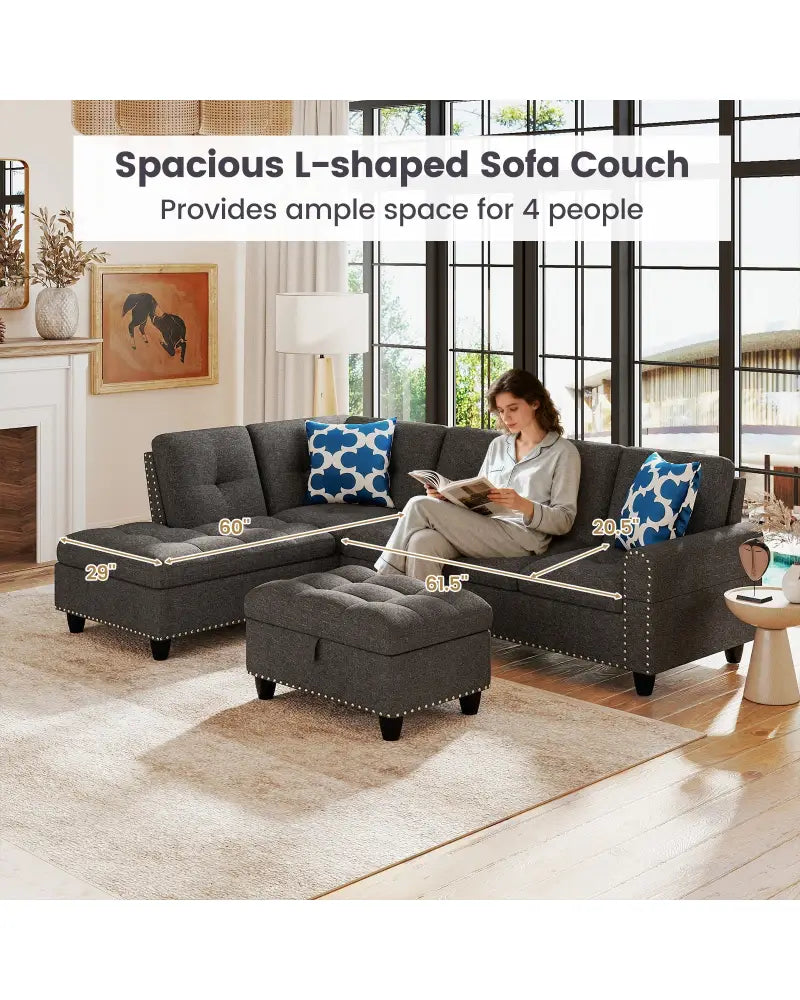 98 Inches Sectional Sofa Couch with Movable Storage Ottoman and Linen Fabric Backs-DG - Dark Gray - Sofas & Loveseats