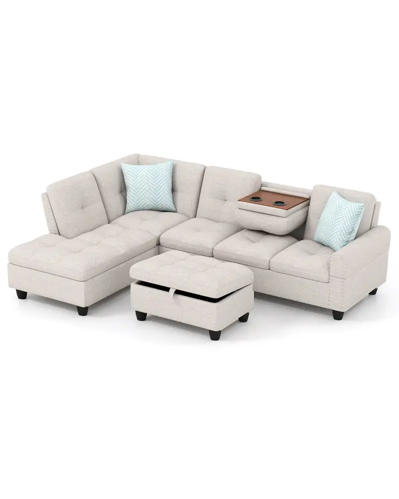 98 Inches Sectional Sofa Couch with Movable Storage Ottoman and Linen Fabric Backs-LR - Beige - Sofas & Loveseats