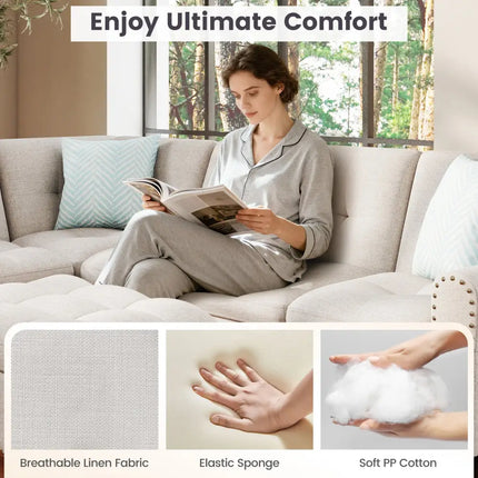 98 Inches Sectional Sofa Couch with Movable Storage Ottoman and Linen Fabric Backs-LR - Beige - Sofas & Loveseats
