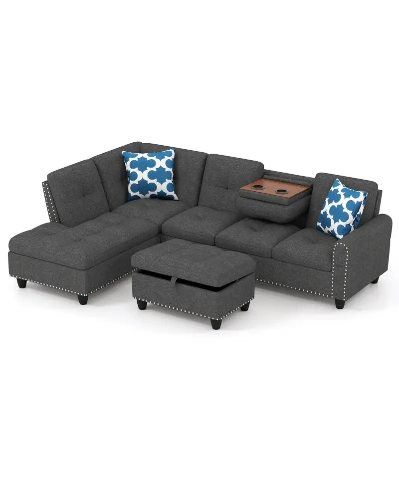 98 Inches Sectional Sofa Couch with Movable Storage Ottoman and Linen Fabric Backs-DG - Dark Gray - Sofas & Loveseats