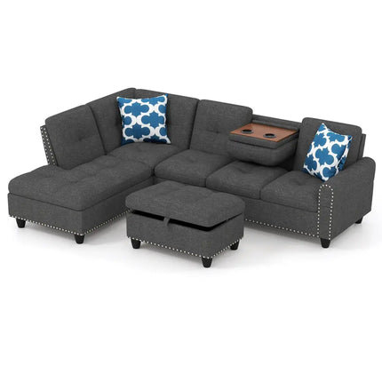 98 Inches Sectional Sofa Couch with Movable Storage Ottoman and Linen Fabric Backs-DG - Dark Gray - Sofas & Loveseats