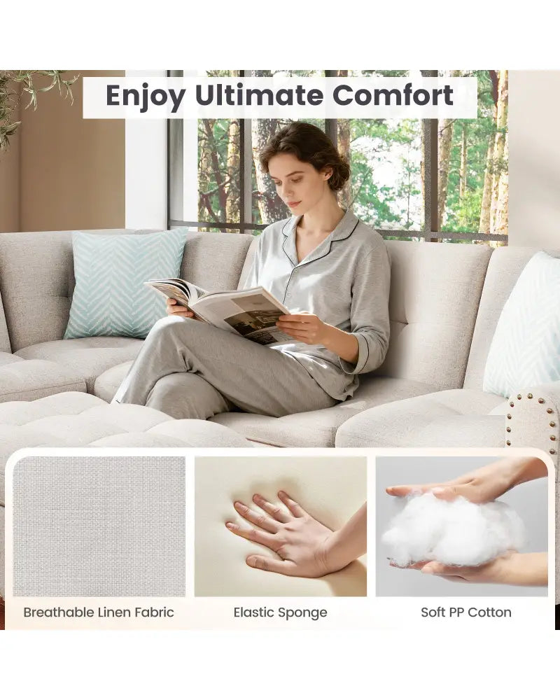 98 Inches Sectional Sofa Couch with Movable Storage Ottoman and Linen Fabric Backs-LR - Beige - Sofas & Loveseats