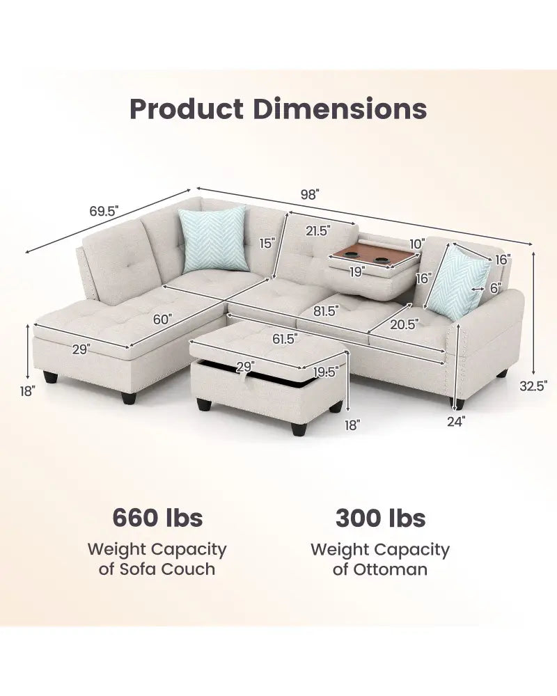98 Inches Sectional Sofa Couch with Movable Storage Ottoman and Linen Fabric Backs-LR - Beige - Sofas & Loveseats
