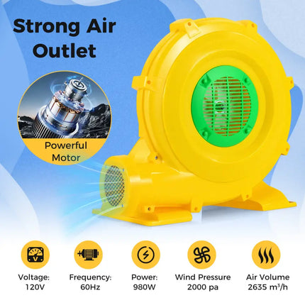 980W Bounce House Blower 1.31 HP Portable Air Pump Fan with Handle and Ground Stakes - Air Blowers
