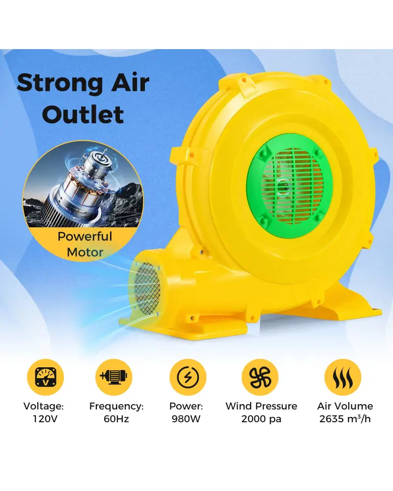980W Bounce House Blower 1.31 HP Portable Air Pump Fan with Handle and Ground Stakes - Air Blowers