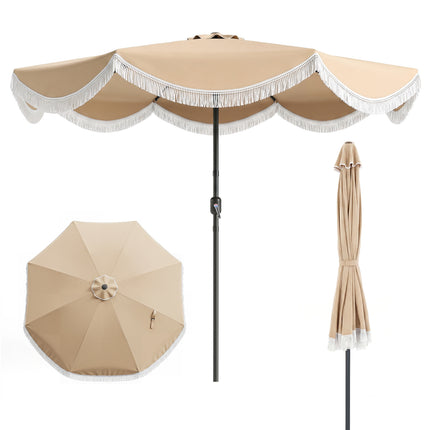 10 FT Outdoor Tassel Umbrella with Push Button Tilt-White