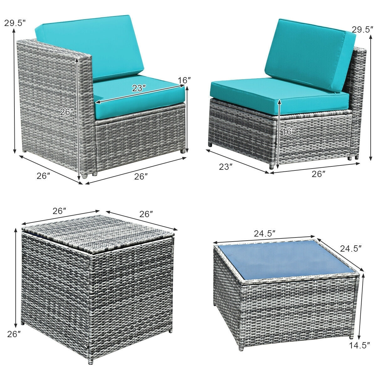 Ensemble de salle à manger 8 pièces en rotin et osier avec table de rangement - Turquoise