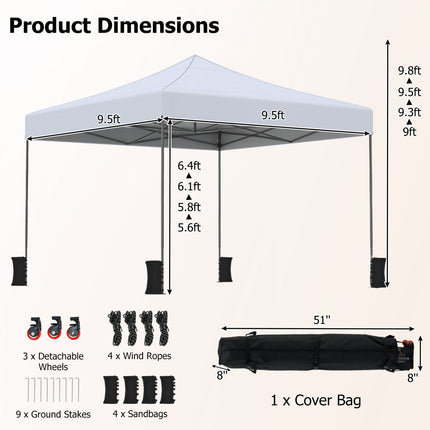 9.5 x 9.5 Feet Pop up Canopy Tent with Adjustable Heights-White